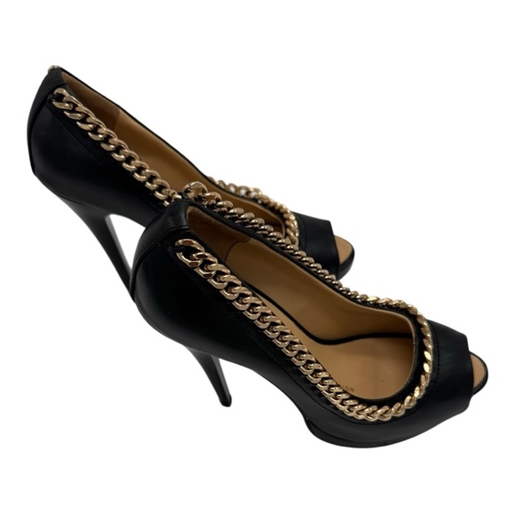 Giuseppe Zanotti Black Leather Peep Toe Heels Gold Chain Detail Size 6.5 - Picture 4 of 13